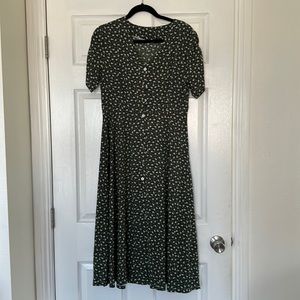 Hunter green maxi dress, button front with white flower pattern